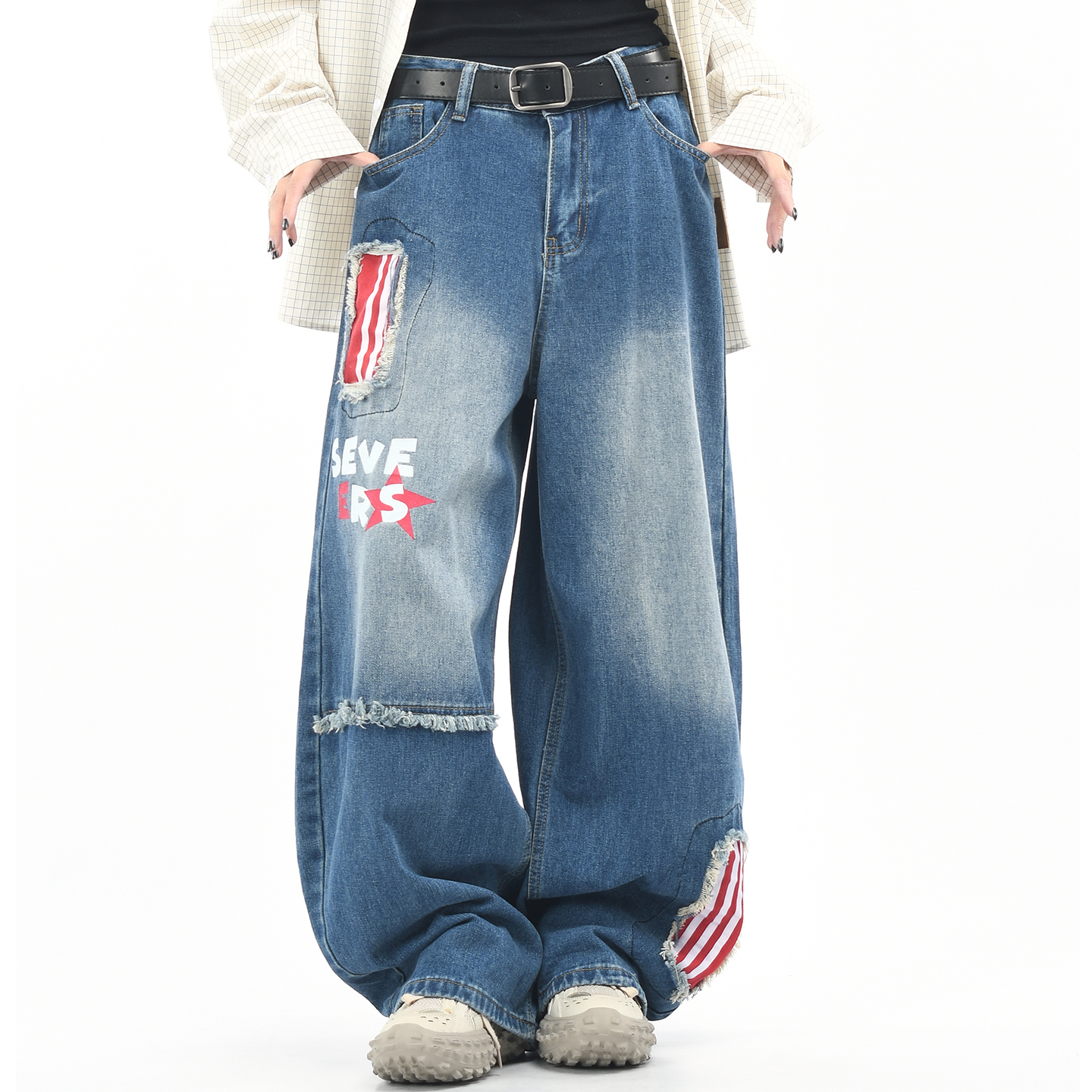 OV原创美式复古贴布拼接水洗弯刀牛仔裤男女宽松休闲阔腿拖地长裤 - 图1