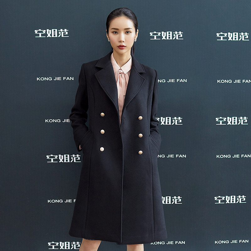 黑色职业装秋冬气质中长款毛呢大衣 空姐范毛呢外套