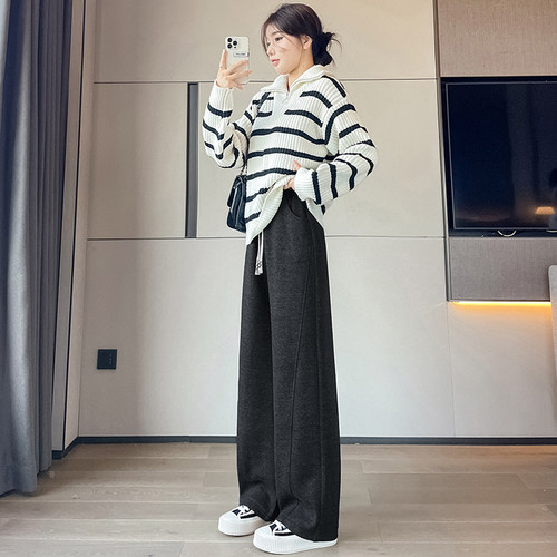 人字纹加绒阔腿裤女秋冬高个子加长毛呢裤窄版直筒休闲羊毛香蕉裤 - 图1