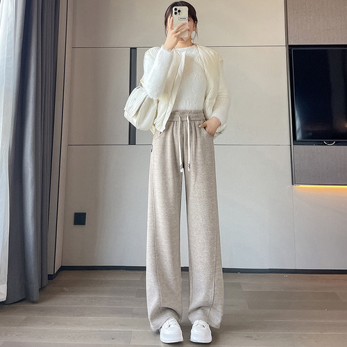 人字纹加绒阔腿裤女秋冬高个子加长毛呢裤窄版直筒休闲羊毛香蕉裤 - 图3