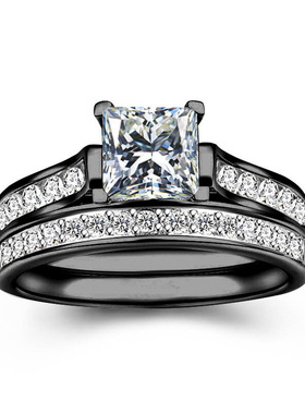 华杰跨境配饰情侣男女对戒女士简约时尚锆石饰品黑色女套戒戒指