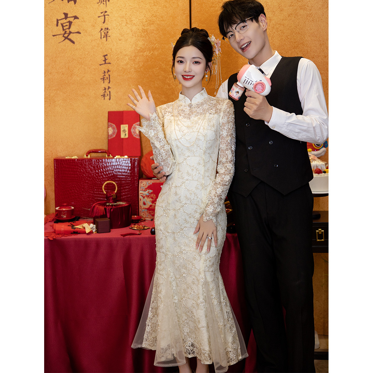 白色新中式旗袍订婚礼服鱼尾裙2025新款蕾丝轻婚纱敬酒服新娘绝美,淘宝优惠券,粉丝福利购,淘宝优惠卷