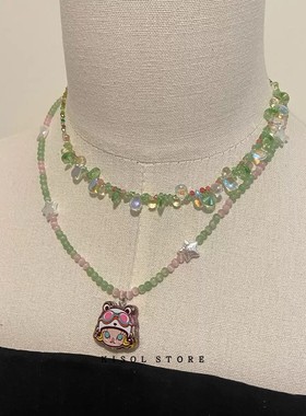 KISOL清新绿色串珠项链叠戴颈链~