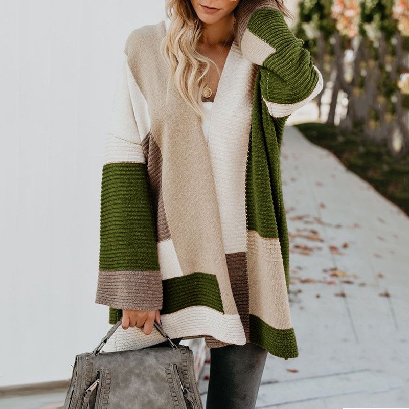秋冬款外贸毛衣女欧美亚马逊大码宽松几何拼色毛衣开衫 - 图0