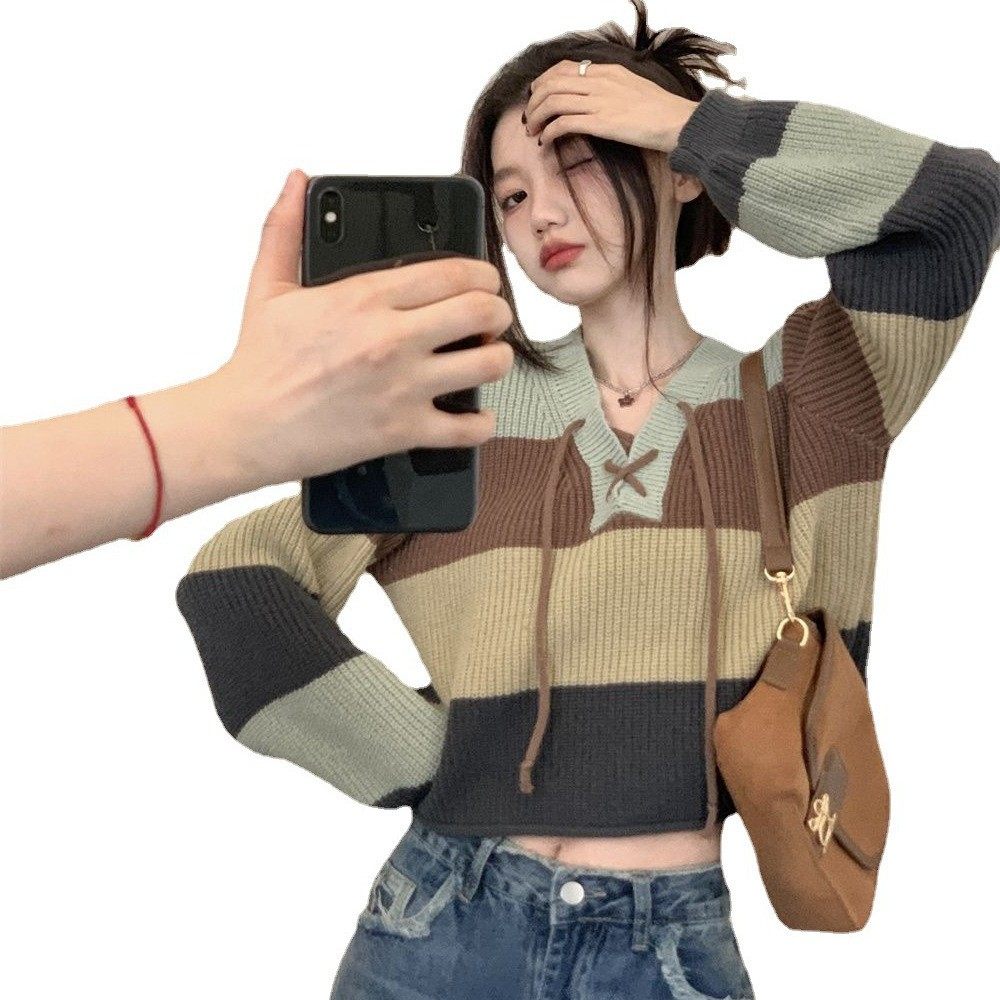 条纹撞色系带针织毛衣女春秋新款设计感翻领复古辣妹长袖上衣,淘宝优惠券,粉丝福利购,淘宝优惠卷
