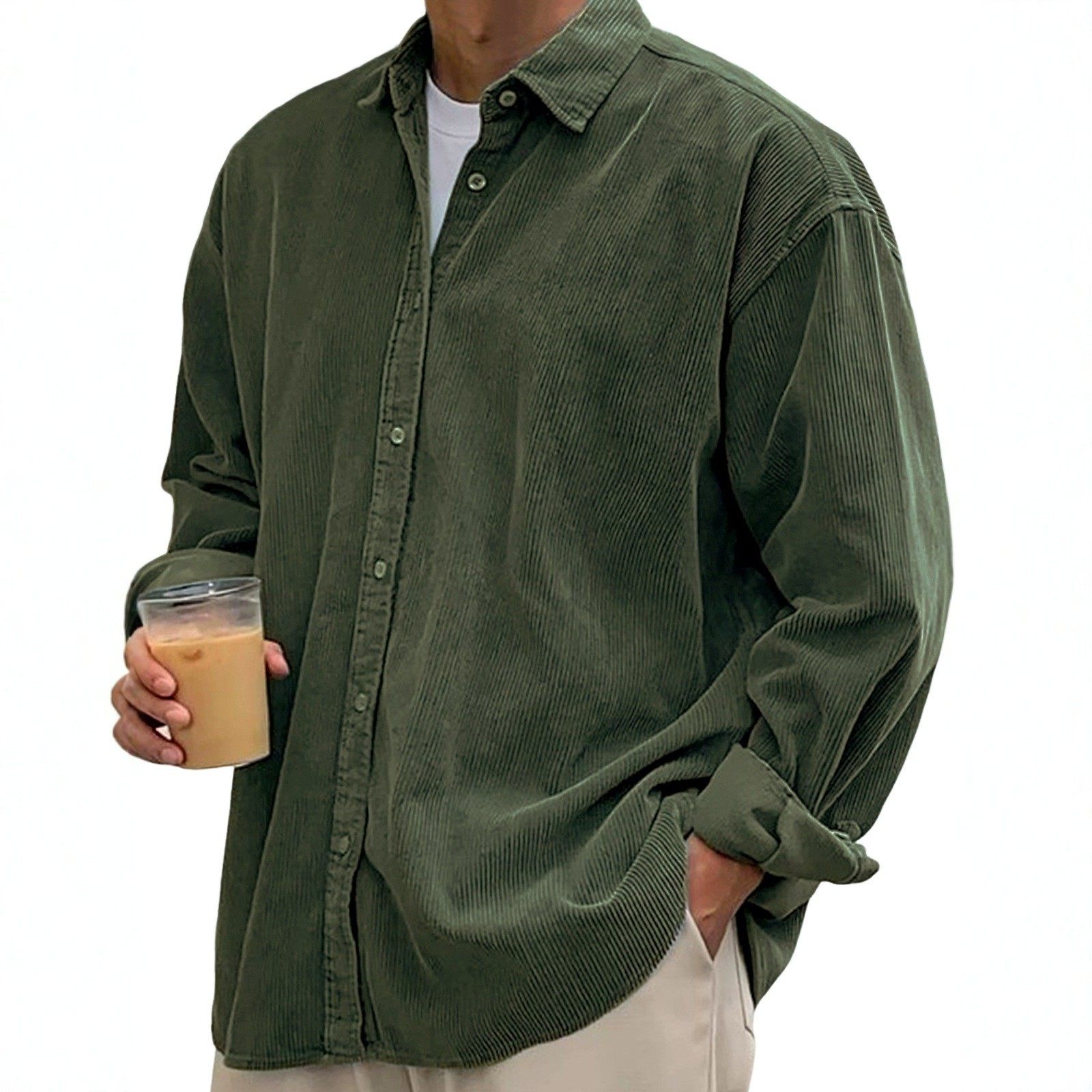 跨境外贸亚马逊新款男士灯芯绒衬衫秋季宽松休闲长袖衬衣纯色外套,淘宝优惠券,粉丝福利购,淘宝优惠卷
