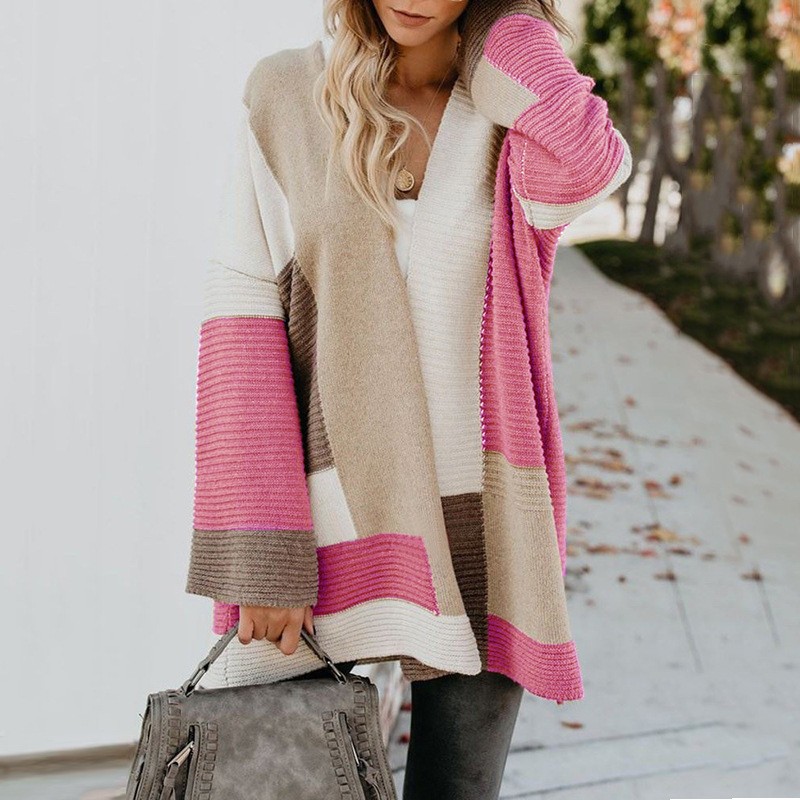 秋冬款外贸毛衣女欧美亚马逊大码宽松几何拼色毛衣开衫 - 图2