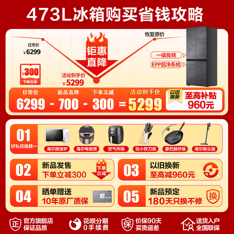 [新品超薄594mm]海尔零嵌入式电冰箱473升十字对开四门家用变频