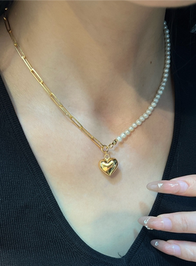 S925纯银爱心珍珠镀18K金色项链