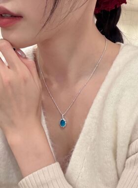 韩系ins花边海蓝宝吊坠项链女新款小众复古椭圆百搭时尚细锁骨链