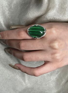 个性简约椭圆孔雀石扭爪戒指女新款小众设计开口指环女百搭复古风