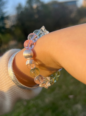 帕姆卡莱天然粉透明水晶手链手串