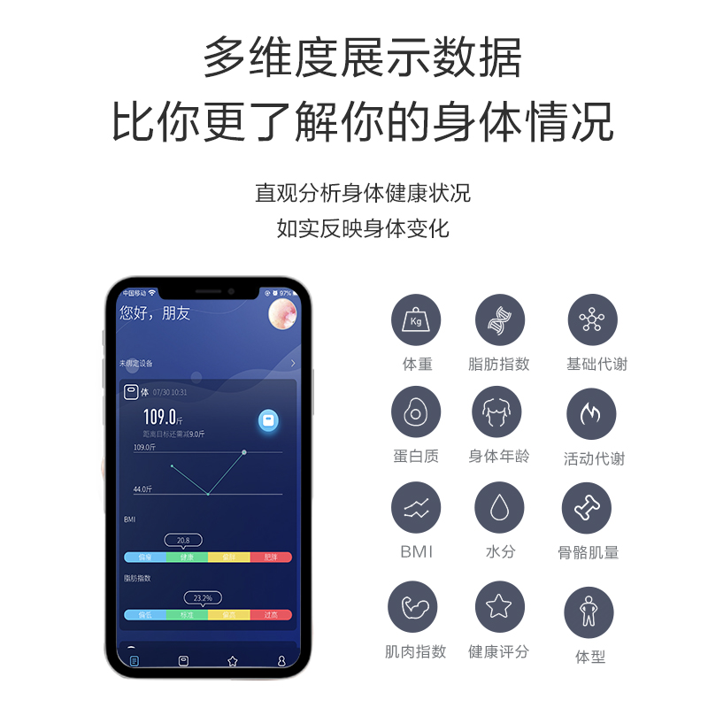 香山（SENSSUN）精准体脂称家用人体秤体重秤智能APP电子称ITO测脂肪女生宿舍充电体脂秤 - 图3