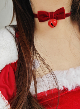 圣诞摇铃变装蝴蝶结丝绒锁骨链红