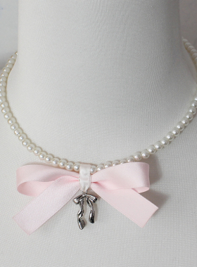 粉色仿珍珠项链玻璃Lolita饰品锁骨链配饰蝴蝶结手作原创少女甜妹