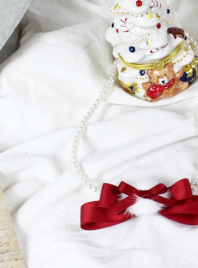 圣诞结#蝴蝶结真水貂毛仿珍珠项链颈饰锁骨链Lolita配饰可爱少女
