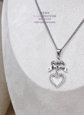 满钻心形日系ins量产型复古vintage蝴蝶结项链不锈钢小众miu可爱