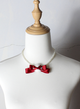 酒红色黑色蝴蝶结仿珍珠项链锁骨链Lolita洛丽塔配饰洋装手作日系
