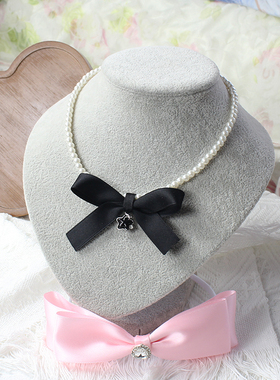 黑色蝴蝶结金色大铃铛仿珍珠项链锁骨链饰品Lolita猫女仆少女甜妹