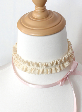 双层叠戴粉色长款蝴蝶结项链choker配饰Lolita甜妹蕾丝花边少女米