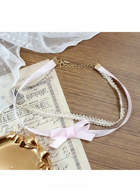 粉色x暗金蕾丝锁骨链项链项圈choker颈饰蝴蝶结双层叠戴少女甜妹