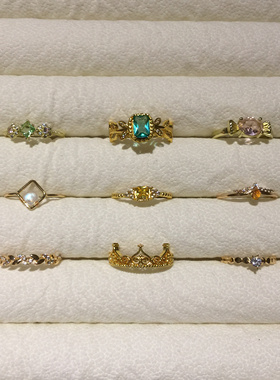 精致彩虹色镶钻镀金戒指女小众设计开口食指戒轻奢高级感指环装饰