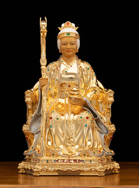 铜冰金彩土地公婆神像供奉摆件