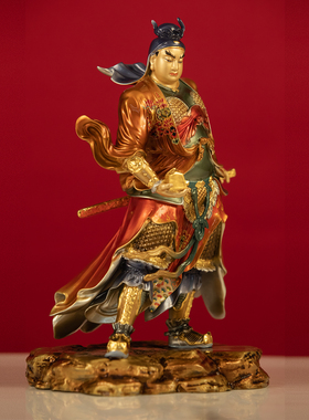 桌面平周仓神像摆件纯铜彩绘