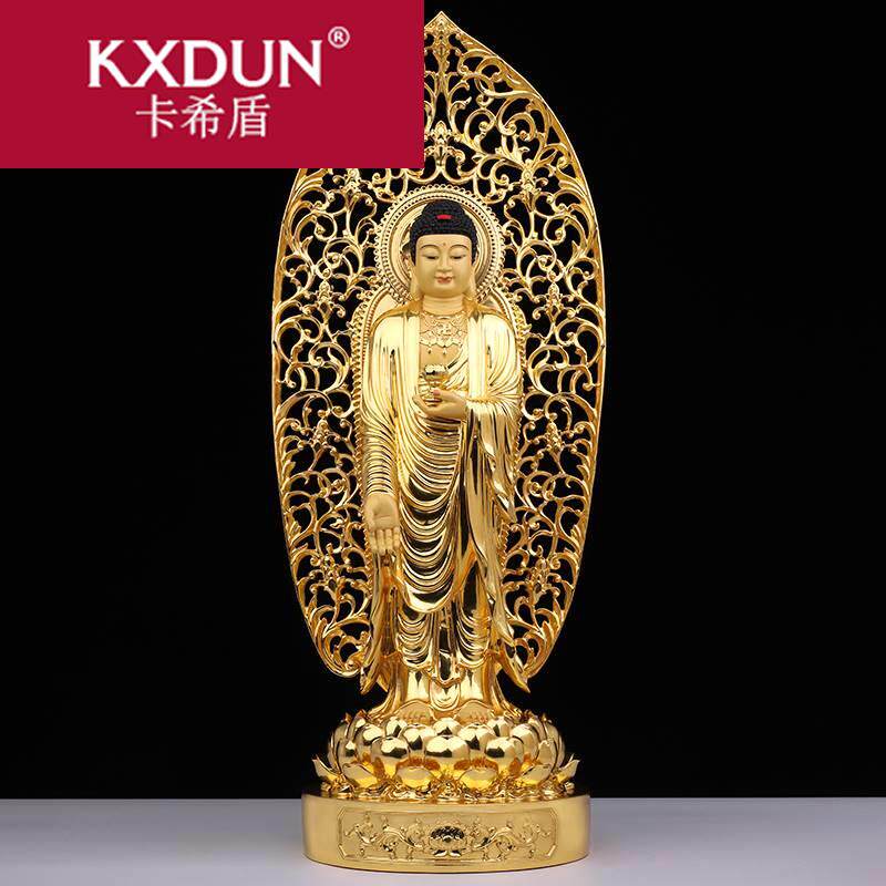 紫瑞星纯铜贴金西方三圣全铜神像 卡希盾摆件