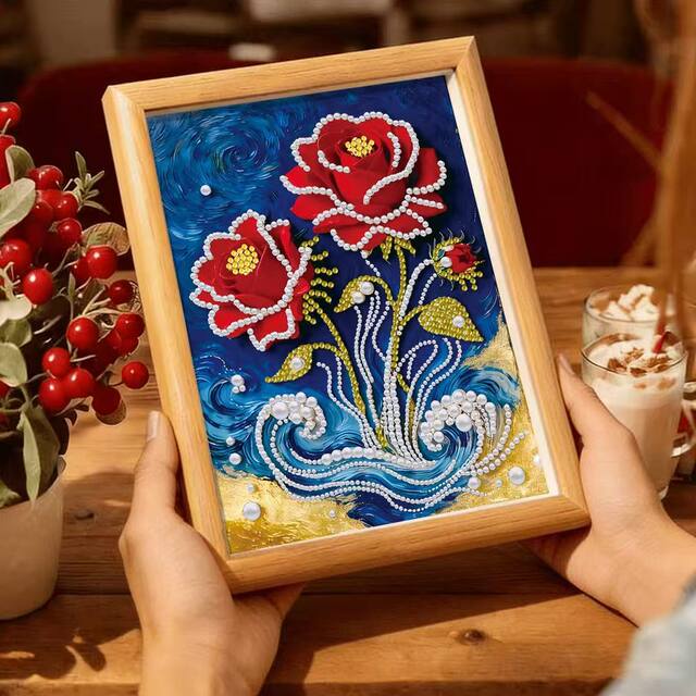Ins rose pearl painting table diy framed self-adhesive children's handmade diamond embroidery ສາມມິຕິລະດັບງ່າຍດາຍ desktop ຂະຫນາດນ້ອຍ