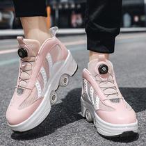 Black Tech Riot Walking Shoes Four Rounds Students Version With Wheels Shoes Children Wheels Sliding Shoes Can Shrink Swivel Button Sneakers