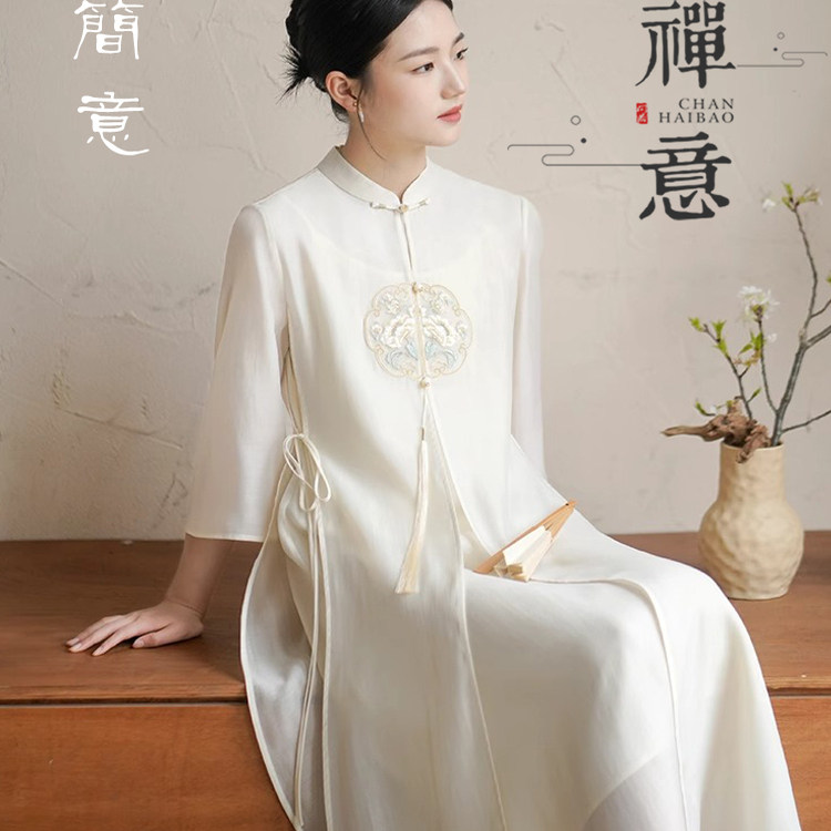 新中式禅意佛系高端女装茶服中国风汉服改良版连衣裙古筝琴演出服