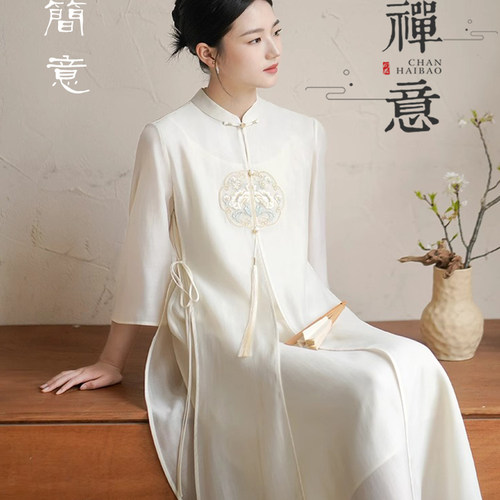 新中式禅意佛系高端女装茶服中国风汉服改良版连衣裙古筝琴演出服 - 图1