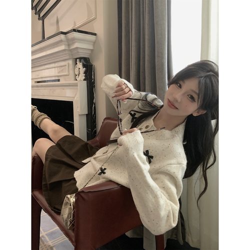 短款宽松慵懒针织毛衣开衫外套女秋冬设计感蝴蝶结甜美温柔风上衣 - 图0