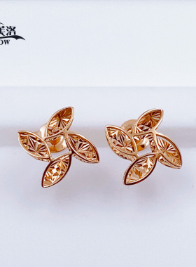 正品俄罗斯14K玫瑰金多款式环形叶子耳钉女新款时尚闪亮紫金Au585