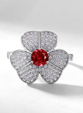 韩国简约三花朵祖母绿戒指女开口