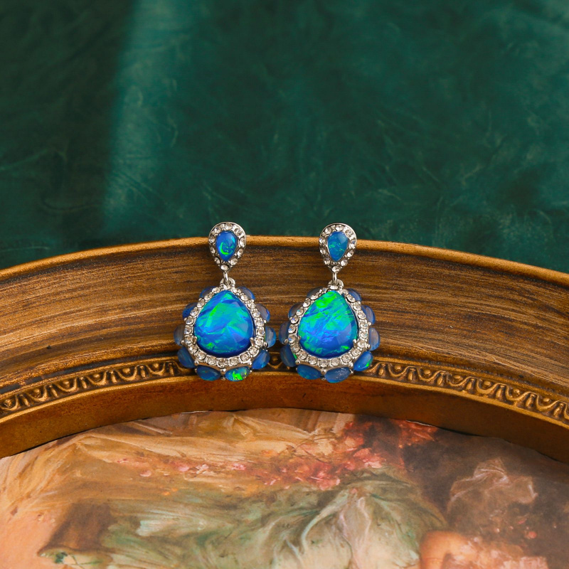 复古蓝铂树脂项链锁骨链耳钉项链戒指首饰三件套小众重工毛衣链 - 图1