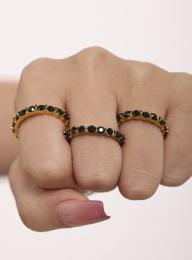 谜丽手工镶嵌绿色玻璃石不锈钢戒