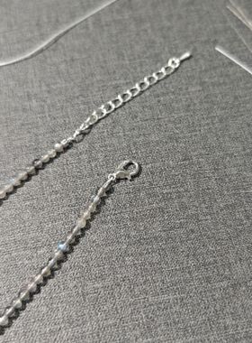 拉长石灰月光翡翠叶子纯银扣头锁骨链