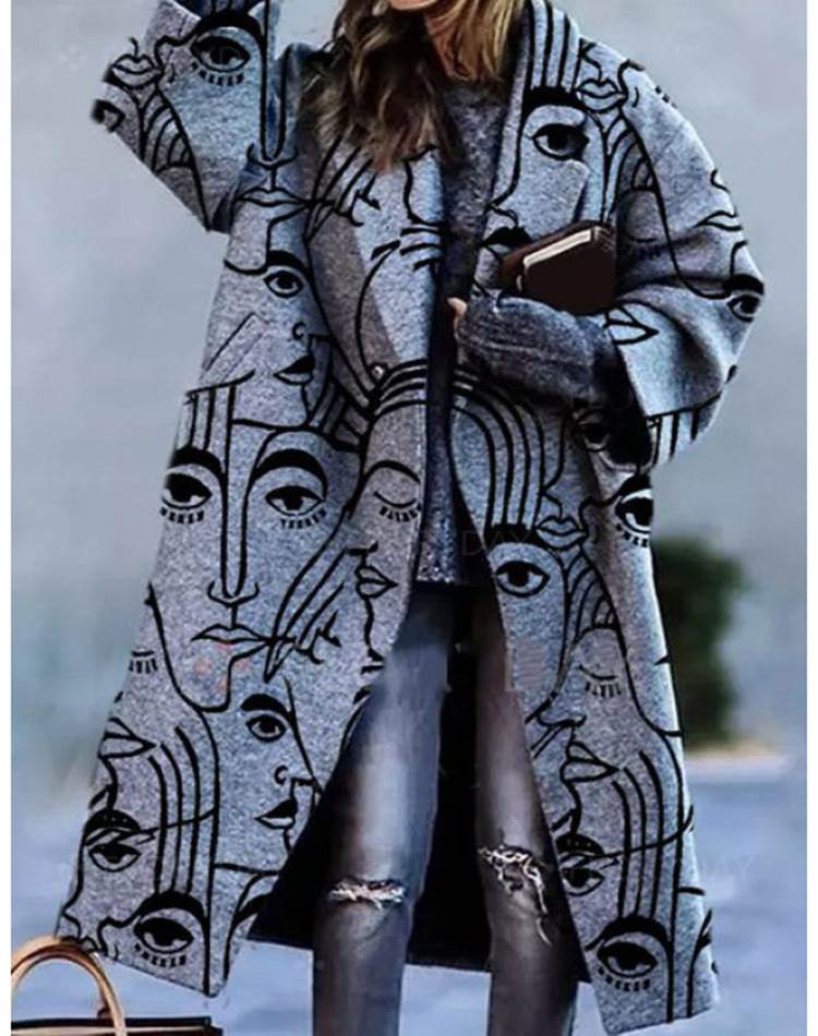 Long sleeved lapel jacket printed woolen long coat-图3