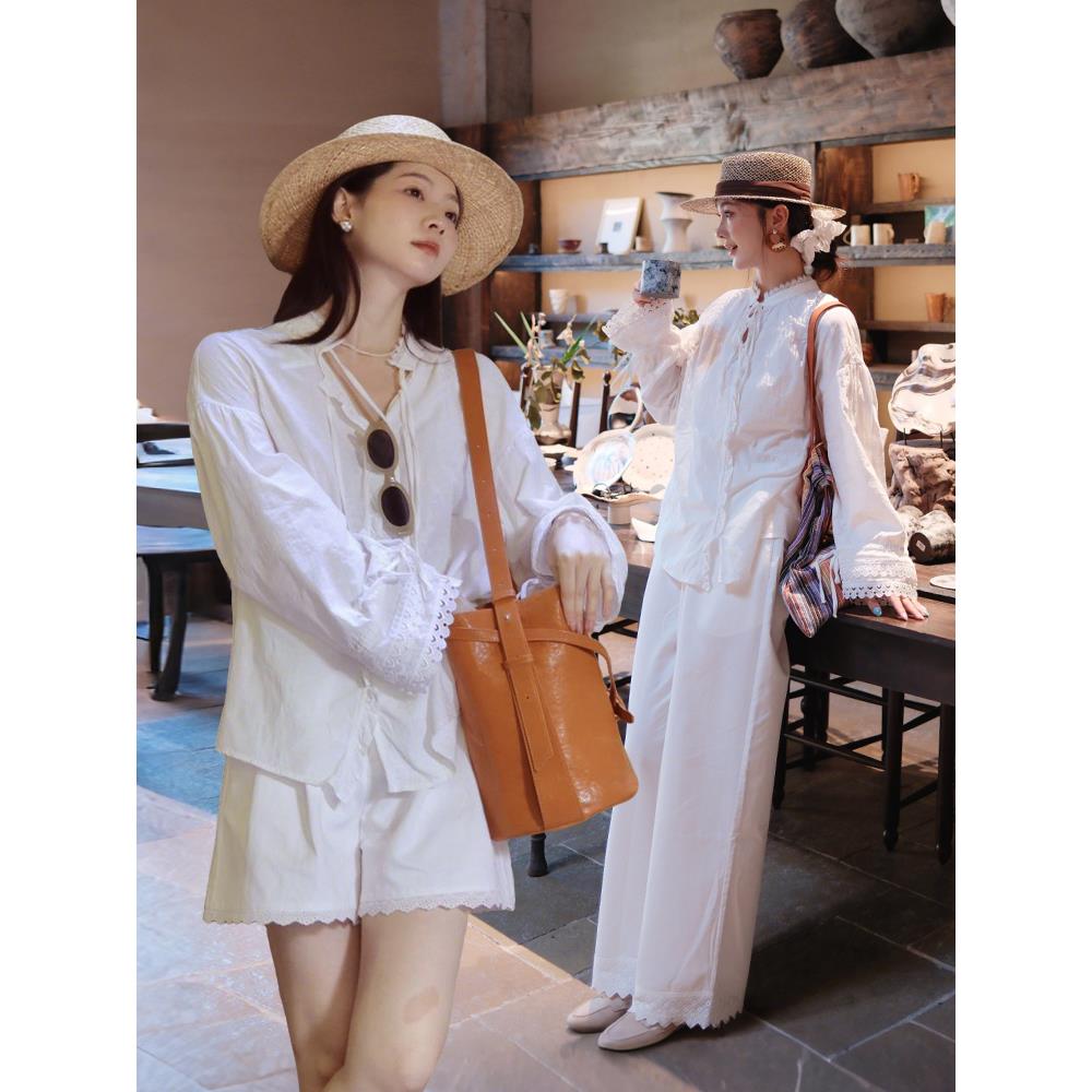 法式提花绑带领白衬衫女2025年秋季新款拼接蕾丝花边长袖百搭衬衣