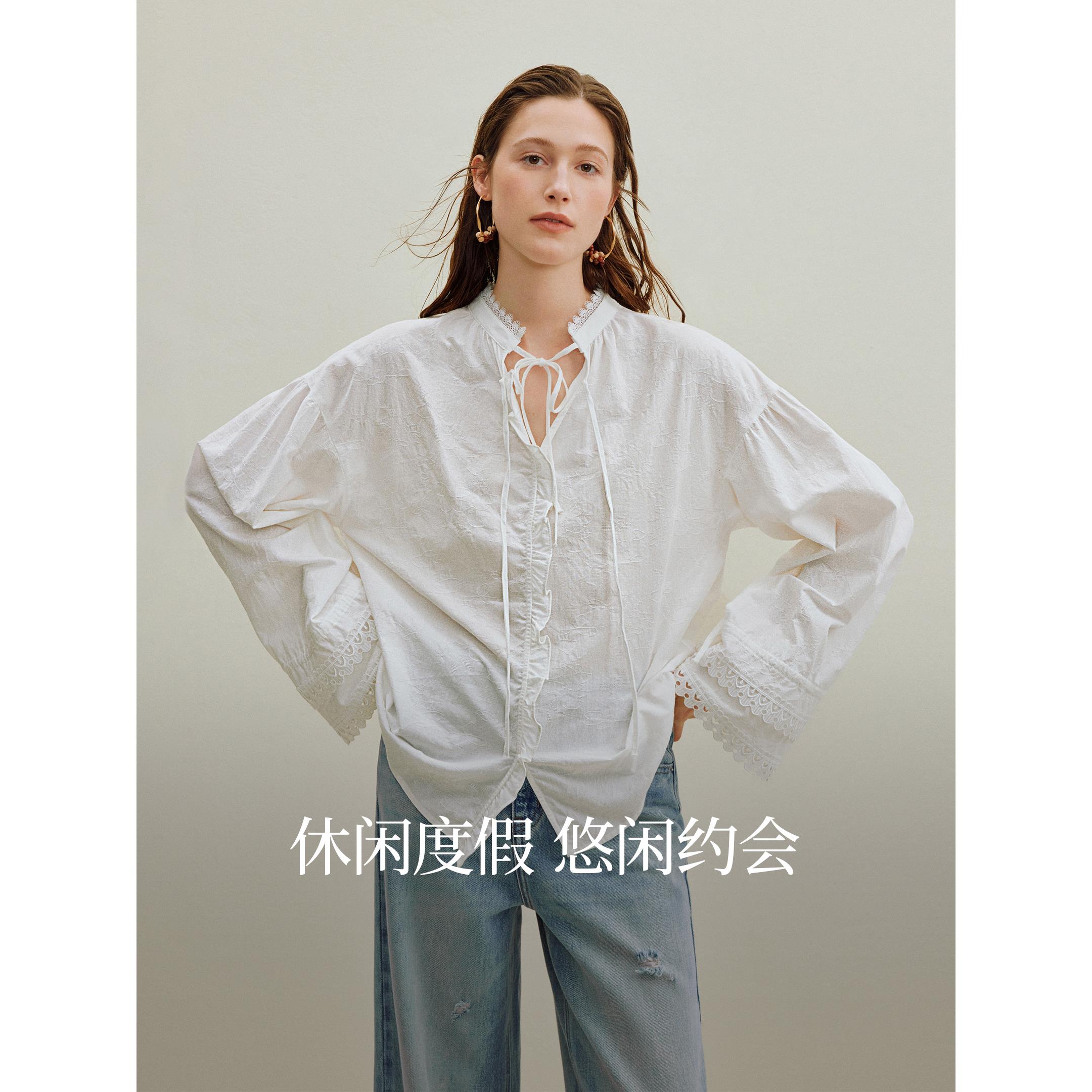 法式提花绑带领白衬衫女2025年秋季新款拼接蕾丝花边长袖百搭衬衣