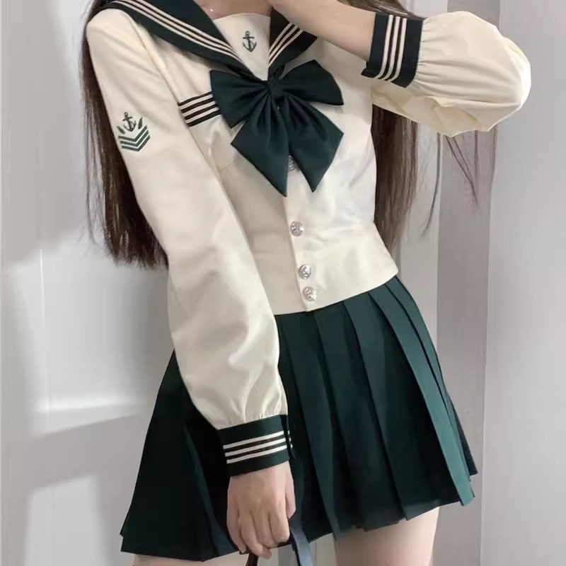 原创jk制服套装正版日系中间服绀色校供收腰水手服百褶短裙校服女 - 图3