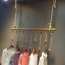 Clothing Store Hemp Rope Rings Hanging Wooden Stick Hanger Shop Furnishing Shelving Suspended Ceiling Hung Ceiling display Show