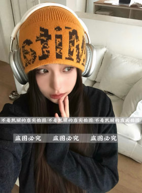 美式复古字母毛线帽子女秋冬保暖