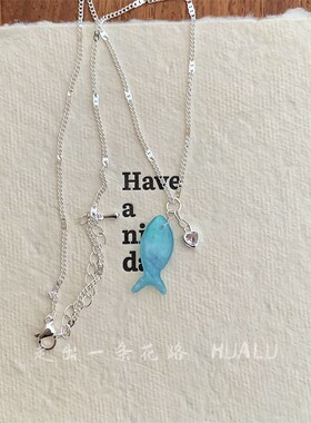 HUALU-星恋鱼岛～复古蓝色贝母小鱼耳扣小众耳环蚊香盘耳夹项链女