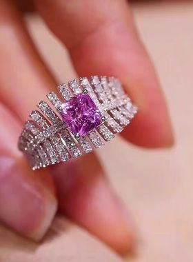 莫桑石满钻叶片方形紫钻戒指