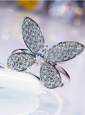 PT950铂金美国进口D色莫桑石蝴蝶满钻戒指纯银简约仙女百搭钻戒