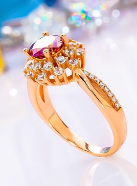 chin18K玫瑰金香槟扭臂花朵钻戒