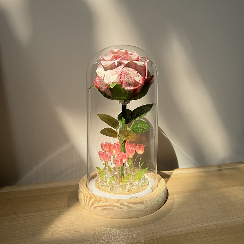 三八妇女节礼物生日手工diy材料郁金香玻璃罩有钱花手折花玫瑰